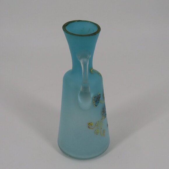 Antique Blue Satin Glass Gold Flower Floral Cruet Dressing Pitcher 6.9in Country - Picture 9 of 13
